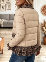 Vintage Elegant Leopard Print Ruffled Patchwork Quilted Winter Jacket