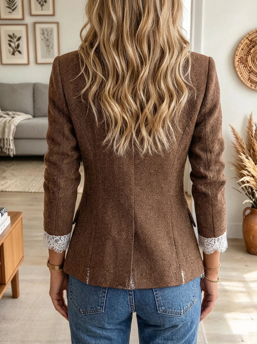 Women's Herringbone Lace Trim Woolen Blazer