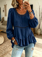 Women Solid Hollow Spliced Puff Sleeve Ruffle Hem Linen Blouse