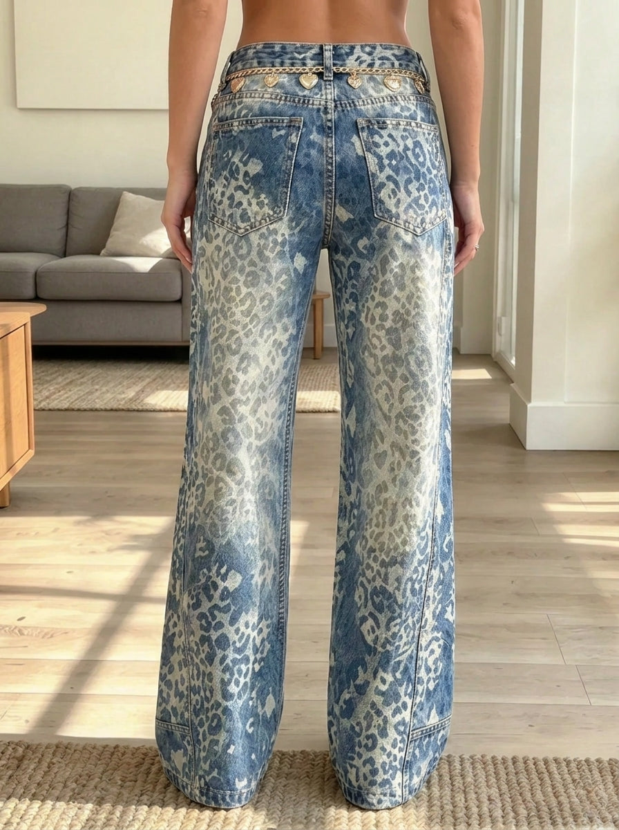 Women's Leopard Print High-Waisted Wide-Leg Jeans