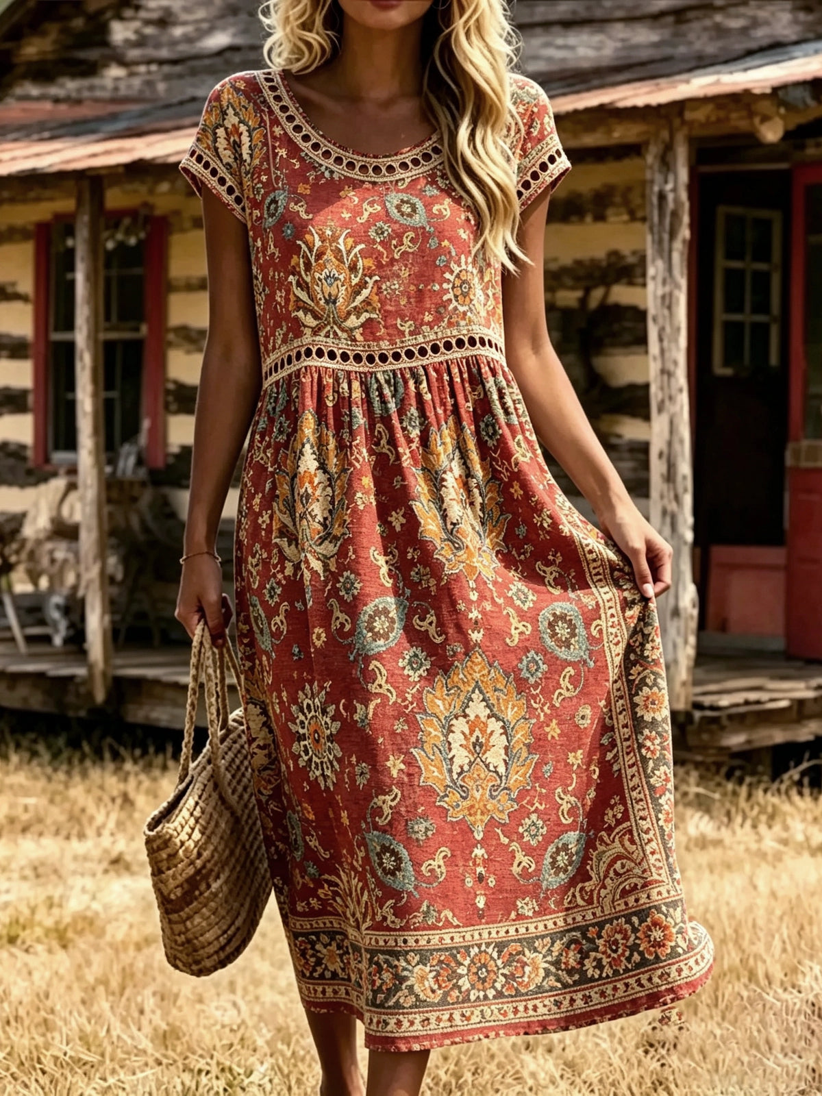 Women's Eyelet Cutout Vintage Midi Dress