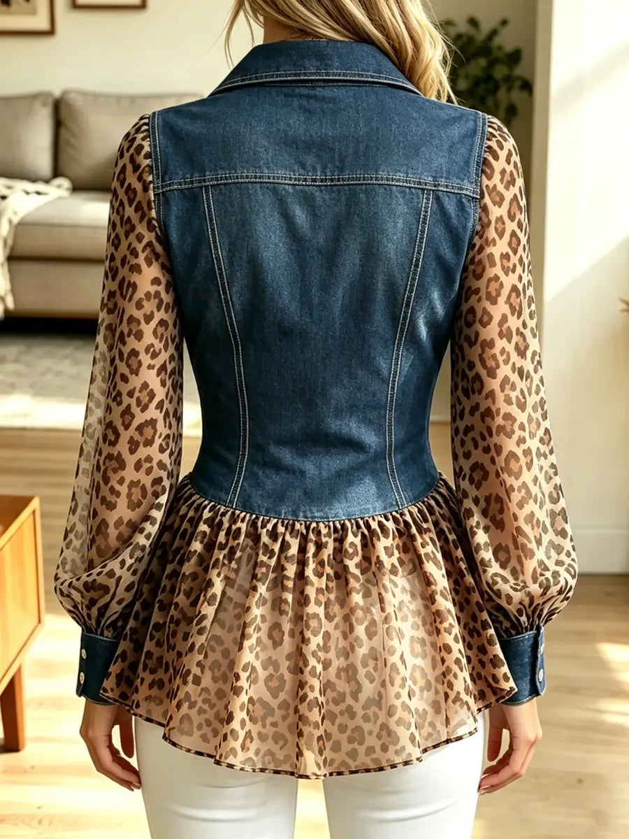Retro Leopard Patchwork Art Print Ruffle Casual Stylish Denim Shirt