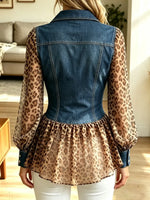 Retro Leopard Patchwork Art Print Ruffle Casual Stylish Denim Shirt