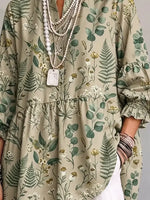 Retro Floral Art Pattern Print Ruffle Casual Stylish Cotton Linen Shirt