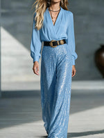 Glamorous V-Neck Long Sleeve Sequin Jumpsuit with Belt
