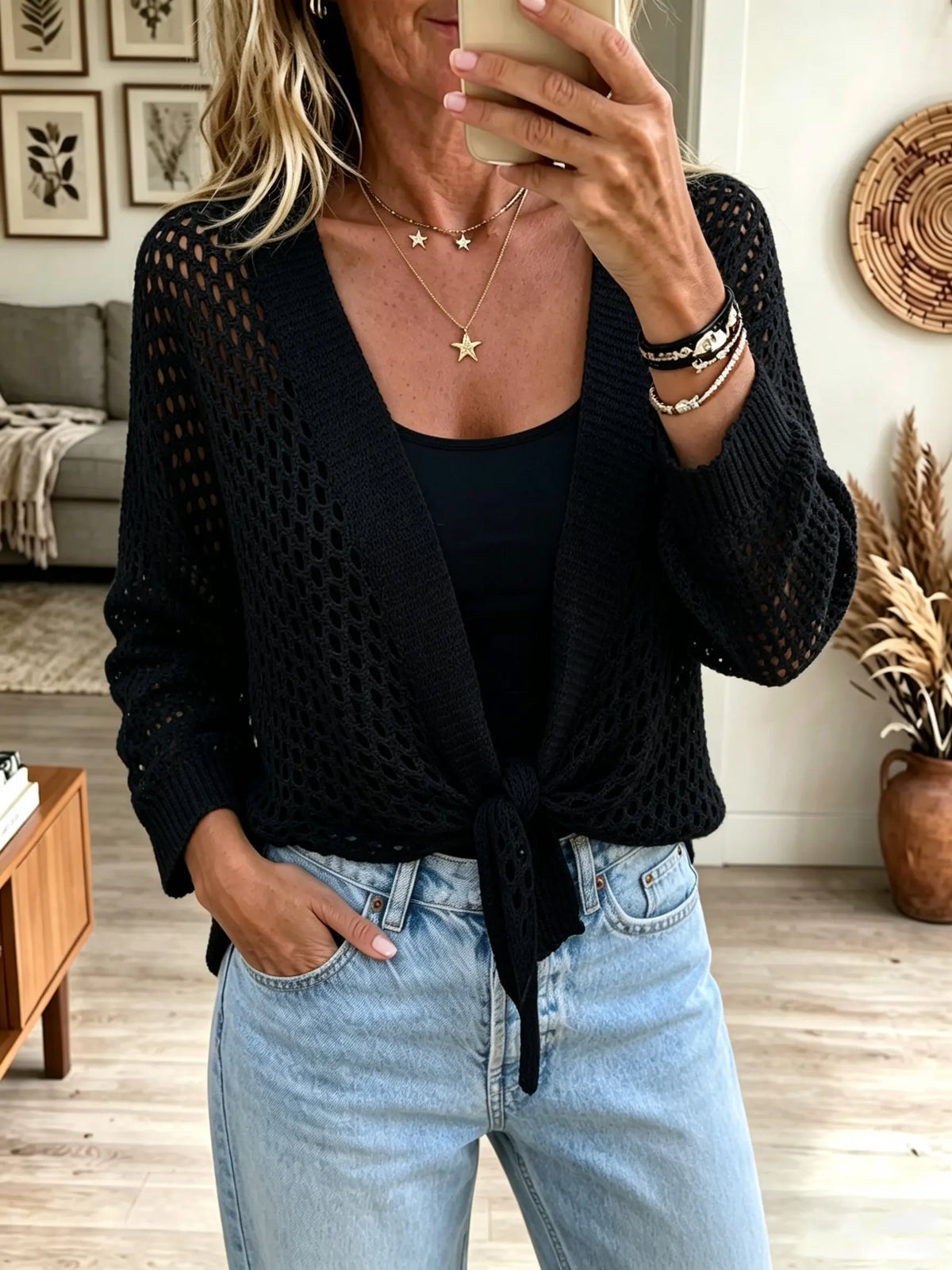 Women's Open-Knit Tie-Front Cardigan Shrug