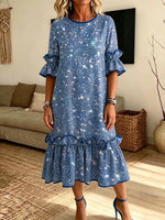 Retro Shiny Stars Pattern Art Print Casual Ruffle Stylish Cotton Linen Dress
