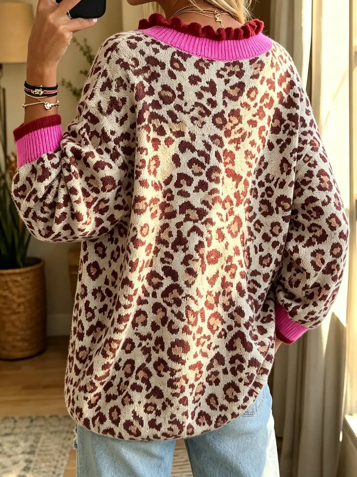 Women's Ruffle Trim Leopard Cardigan