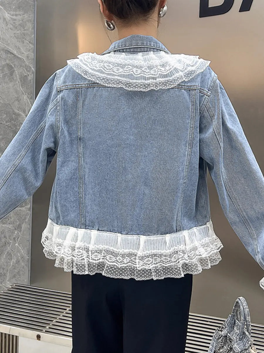 Retro Ruffled Lace Patchwork Pearls Art Casual Stylish Long Sleeve Denim Coat