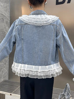 Retro Ruffled Lace Patchwork Pearls Art Casual Stylish Long Sleeve Denim Coat
