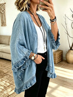 Women's Ruffled Hem Open-Front Denim Cardigan