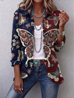 Retro Floral Butterfly Pattern Art Print Ruffle Casual Stylish Cotton Lapel Coat