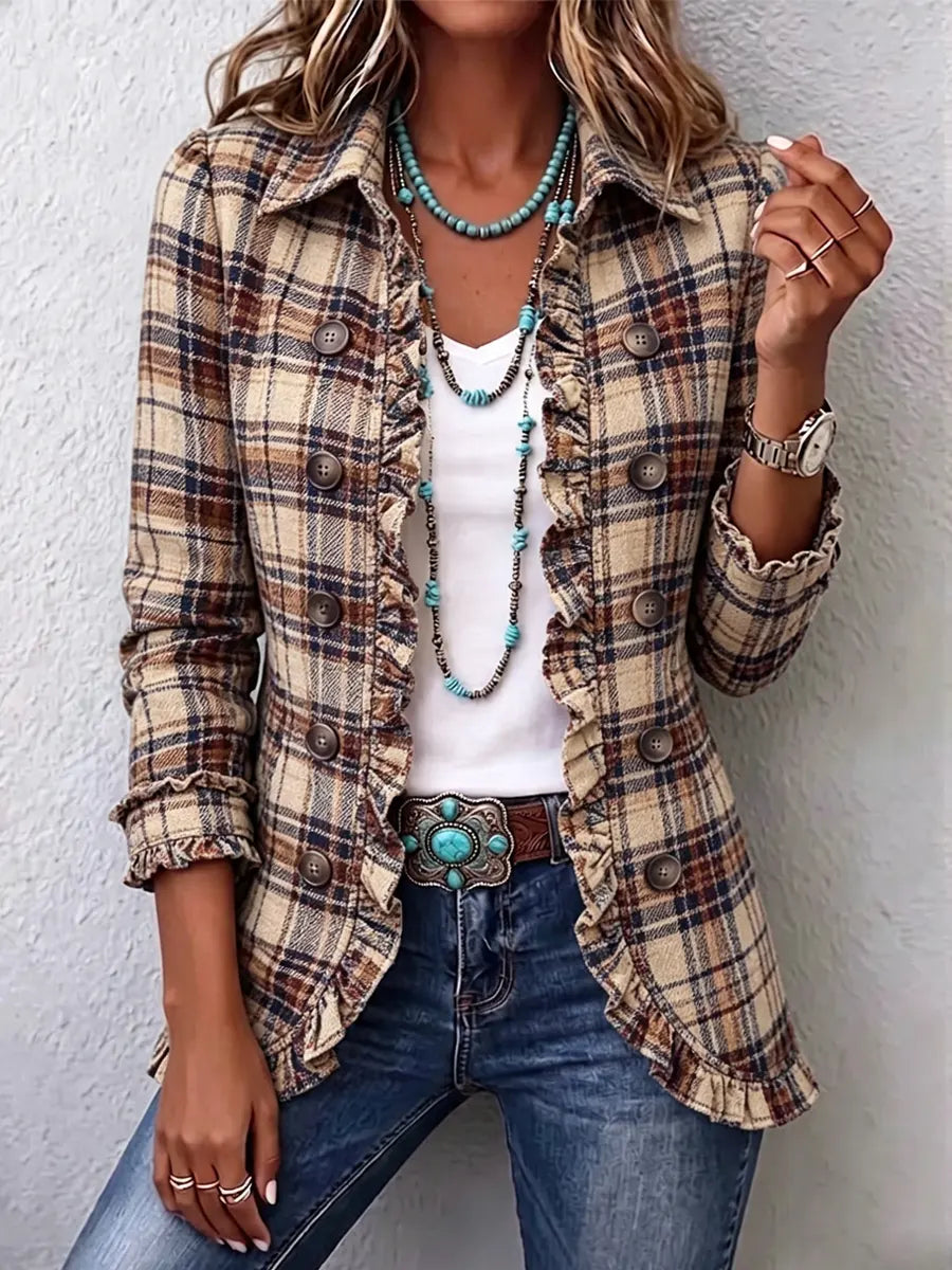 Retro Plaid Pattern Art Print Ruffle Casual Stylish Cotton Lapel Coat