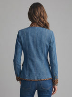 Women Herringbone Denim Jacket Leopard Trim Mandarin Collar Metal Button Slim Outerwear With Pockets