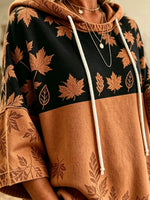 Women Maple Leaf Color Block Print 3/4 Sleeve Oversized Hoodie
