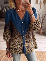 Vintage Elegant Denim Patchwork Hollowed Out Lace Leopard Print Shirt
