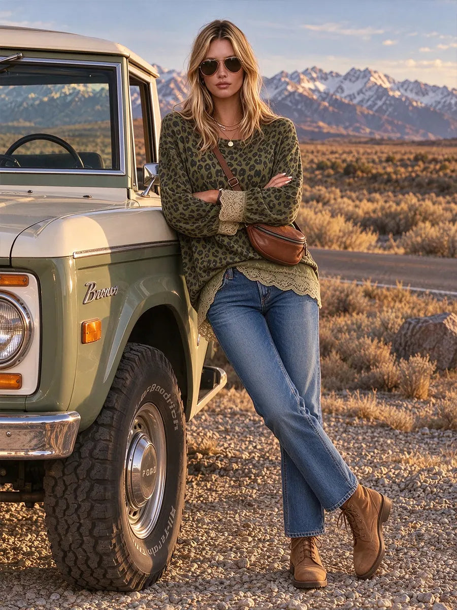 Women's Green Leopard Print Long-sleeve Crew-neck Top With Lace Panels