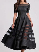 Women Off Shoulder Sheer Mesh Striped Spliced Denim Swing Midi Dress