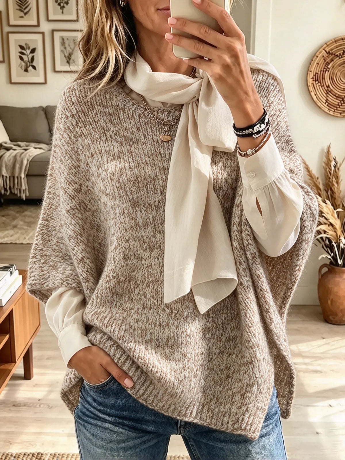 Women's Boat Neck Slouchy Knit Poncho Sweater