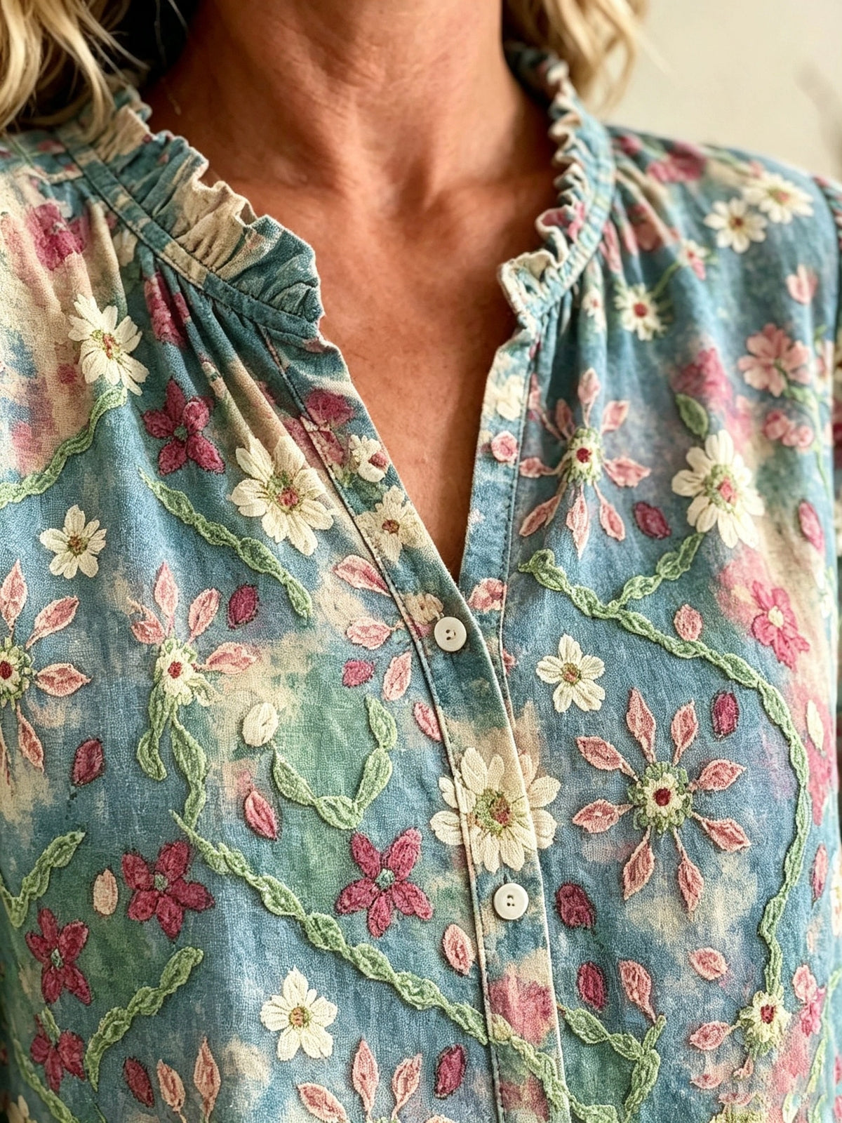 Women's Floral Patchwork Button-Down Blouse