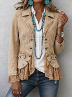 Women Vintage Washed Lapel Jacket Lace Ruffle Hem Long Sleeve Button Down Western Outerwear