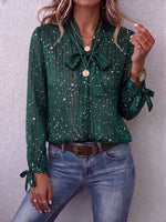 Vintage Elegant Shimmering Chiffon Patchwork Tie Bow Shirt