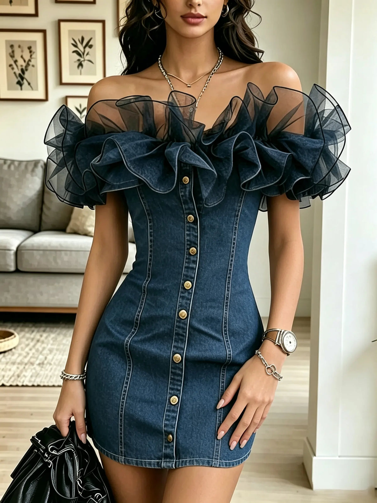Women's Off-the-Shoulder Tulle Ruffle Denim Bodycon Dress