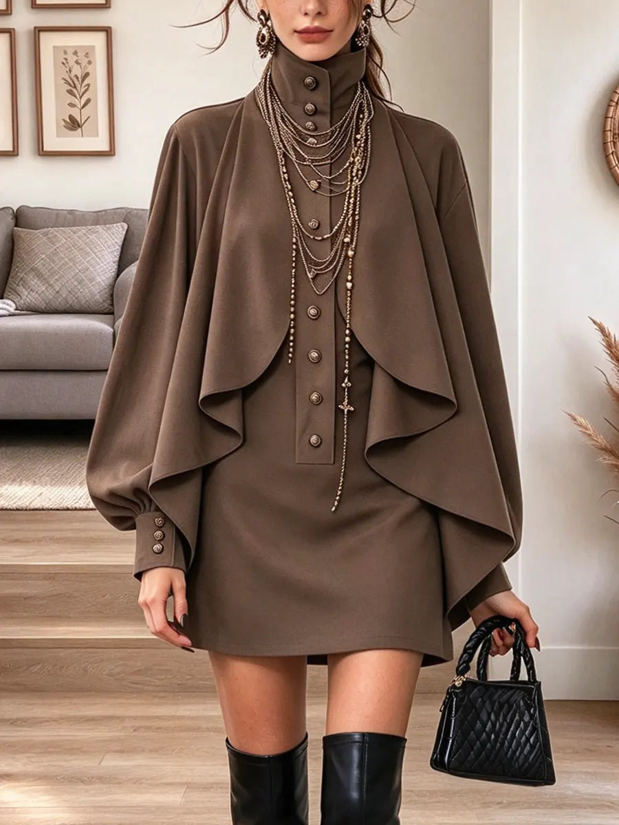 Vintage Chic Stand Collar Art Casual Stylish Long Sleeve Mini Dress