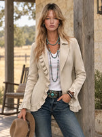 Women's Ruffled Lapel Open Front Jacket Long Sleeve Fitted Suede Look Casual Blazer Coat