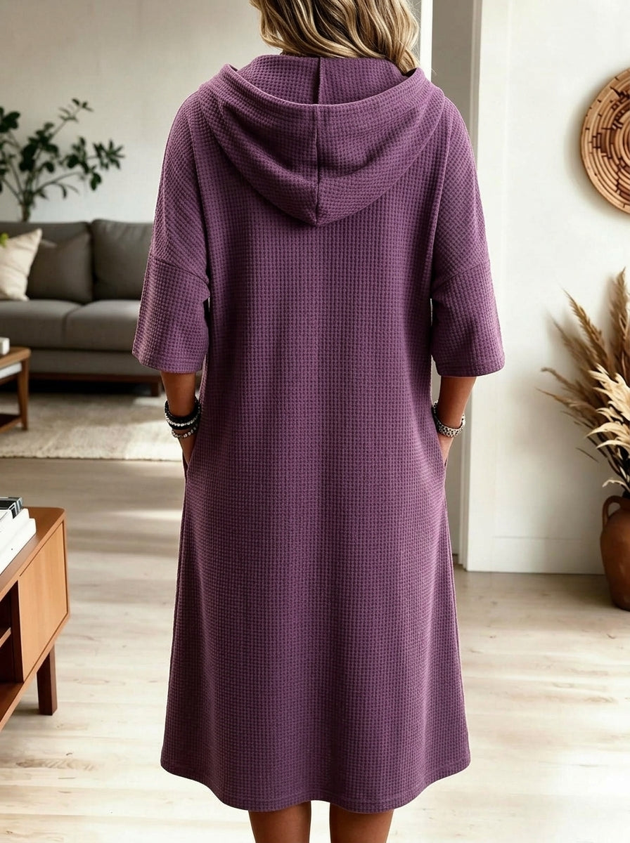 Women Purple Waffle Knit Half Zip Hooded Midi Dress With Pocket