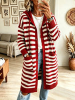 Women's Striped Hooded Longline Knit Cardigan Coat