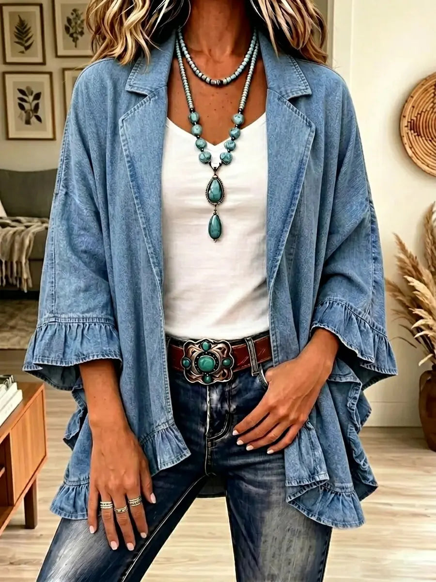 Retro lapel Ruffle Art Casual Stylish 3/4 Sleeve Denim Coat
