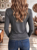 Women's Dark Grey Henley Long Sleeve Top With Built-in Black Lace Cami Layer And Knot Hem