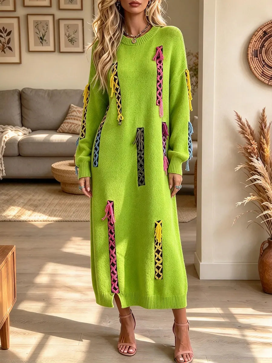 Women's Stylish Long-sleeved Round Neck Knitted Maxi Dress