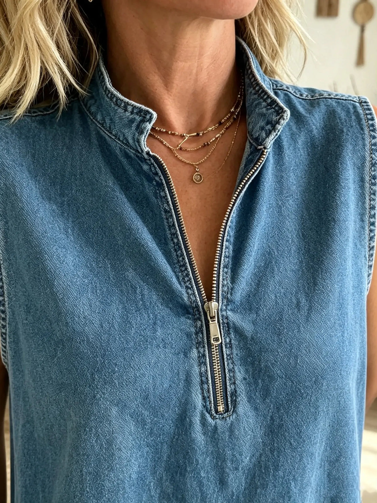 Women's Half-Zip Ruffle Hem Denim Maxi Dress