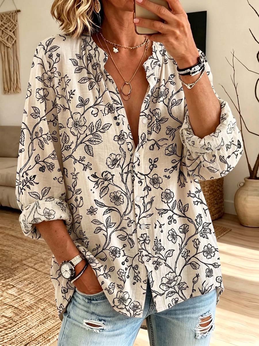 Retro Floral Pattern Art Print Casual Long Sleeve Cotton Linen Shirt