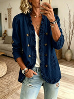 Women Ruffle Trim V-Neck Single Breasted Denim Cardigan Jacket