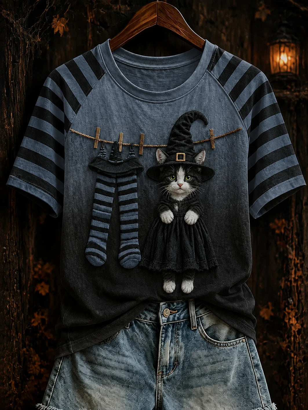 Women's Halloween Witch Cat Clothesline Graphic T-Shirt