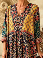 Women Exotic Paisley Floral V-Neck 3/4 Sleeve Vacation Maxi Dress