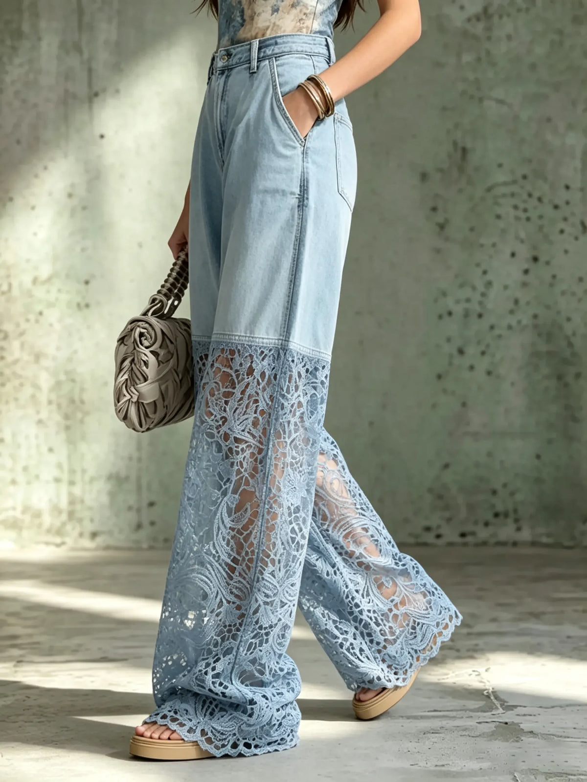 Women's Sheer Floral Lace Wide-Leg Denim Pants