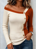 Women's Color Block Off Shoulder Knit Top, Gold Button Long Sleeve Slim Fit Ribbed Blouse